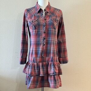 Heritage 1981 Plaid Shirt Dress M Tiered Ruffle Cotton Y2K Western Prairie